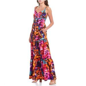NWT Laundry by Shelli Segal Colourful V Neck Crepe de Chine Maxi Dress Size 8